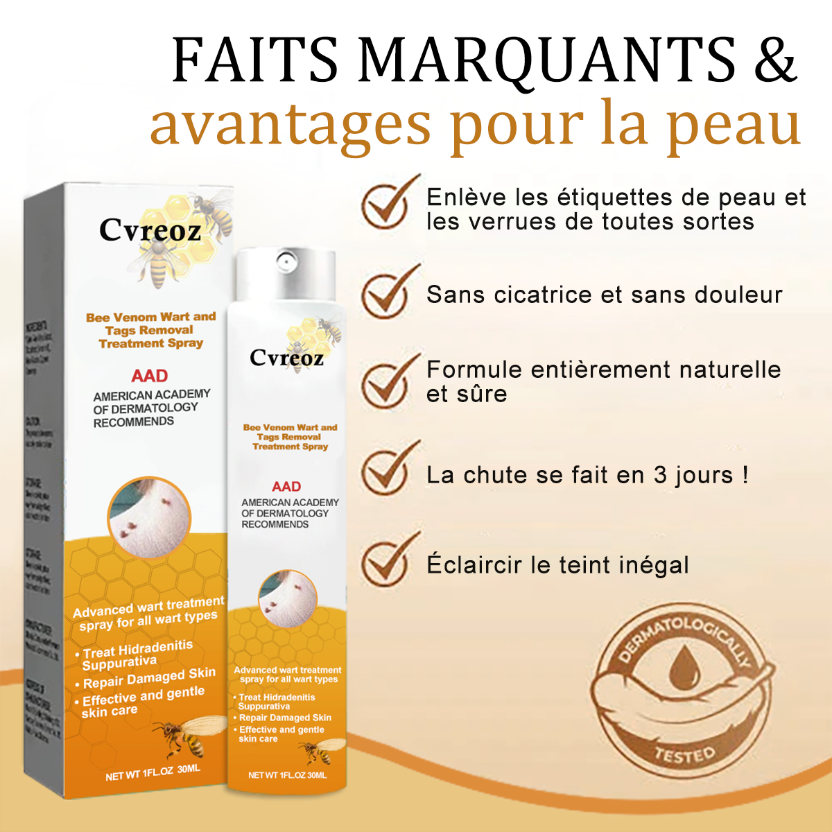 🧡 Cvreoz Spray de Traitement pour l'Élimination des Verrues et des Étiquettes Cutanées au Venin d'Abeille(👨‍⚕LE DAA RECOMMANDE)🐝🐝(🔥Promotion du dernier jour 80% de réduction)